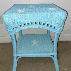 Wicker side table! Teal blue w/ stars! Vintage! 