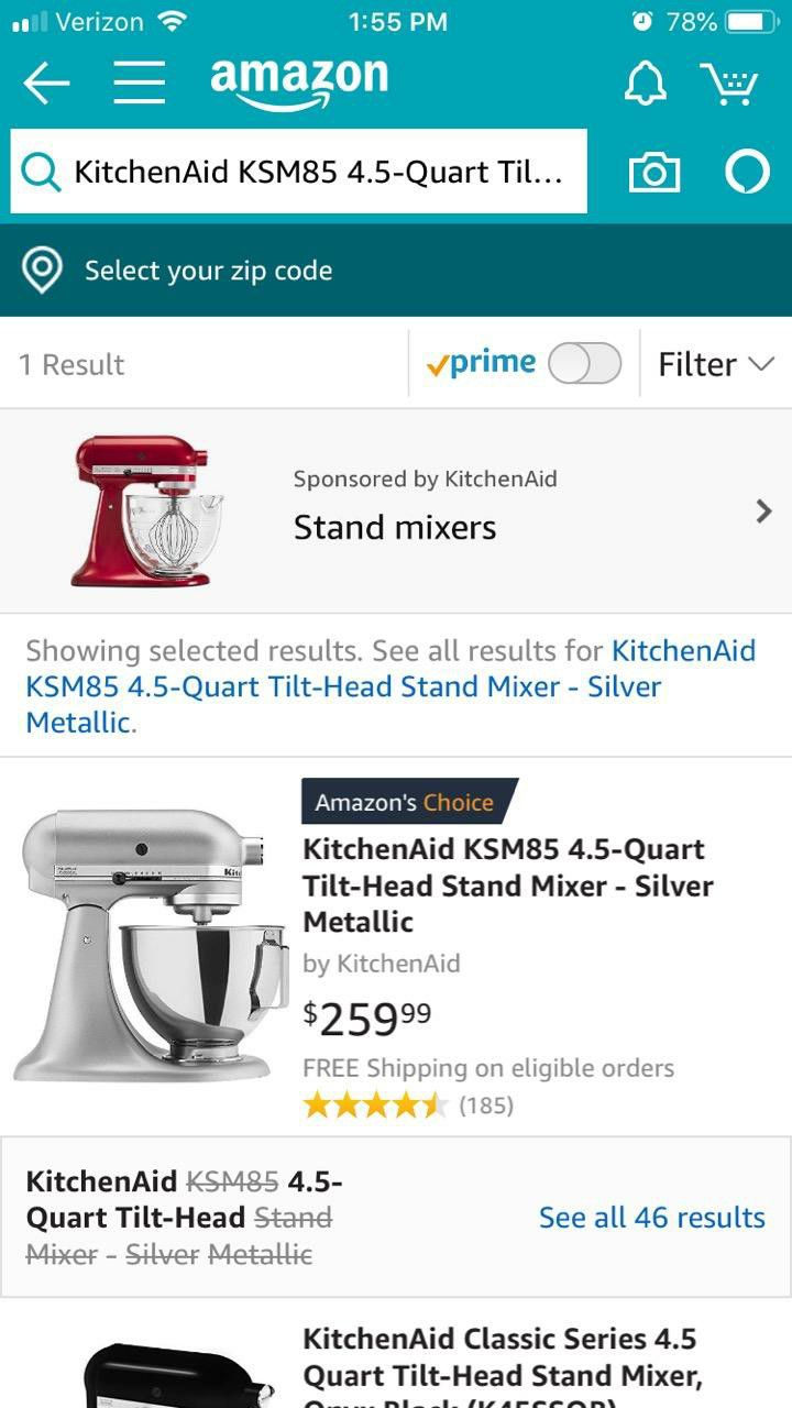 KitchenAid KSM85 4.5-Quart Tilt-Head Stand Mixer - Silver Metallic,   price tracker / tracking,  price history charts,  price  watches,  price drop alerts