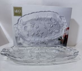 MIKASA Christmas Season's Holly Rectangular Server Platter FROSTED Crystal 15.5" BOX/TAGS