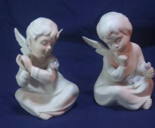 Vintage HOMCO Bisque Cherub Angels Pair 1991 - Mizuno Signed Praying Thinking Angels