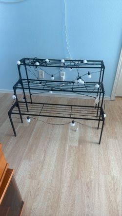 Black Metal 3-Tier Display Shelf / Plant Stand with String Lights