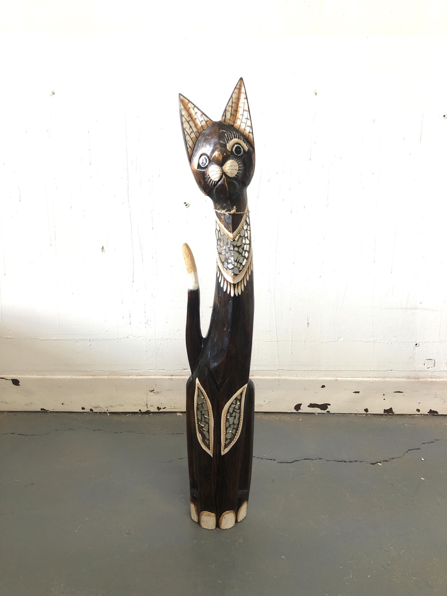 Tall Wooden Cat Sculpture, Made in Bali