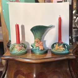 Roseville Pottery Cornucopia And Candle Sticks Set