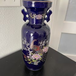 Vintage Japanese Peacock/Flower Vase 12”
