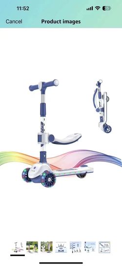 Childrens Foldable Kick Scooters with Seats Three Wheel Scooter,4 Adjustable Height and Lean-to-Steer Toddler Scooter for Boy Girl Baby Birthday Gift