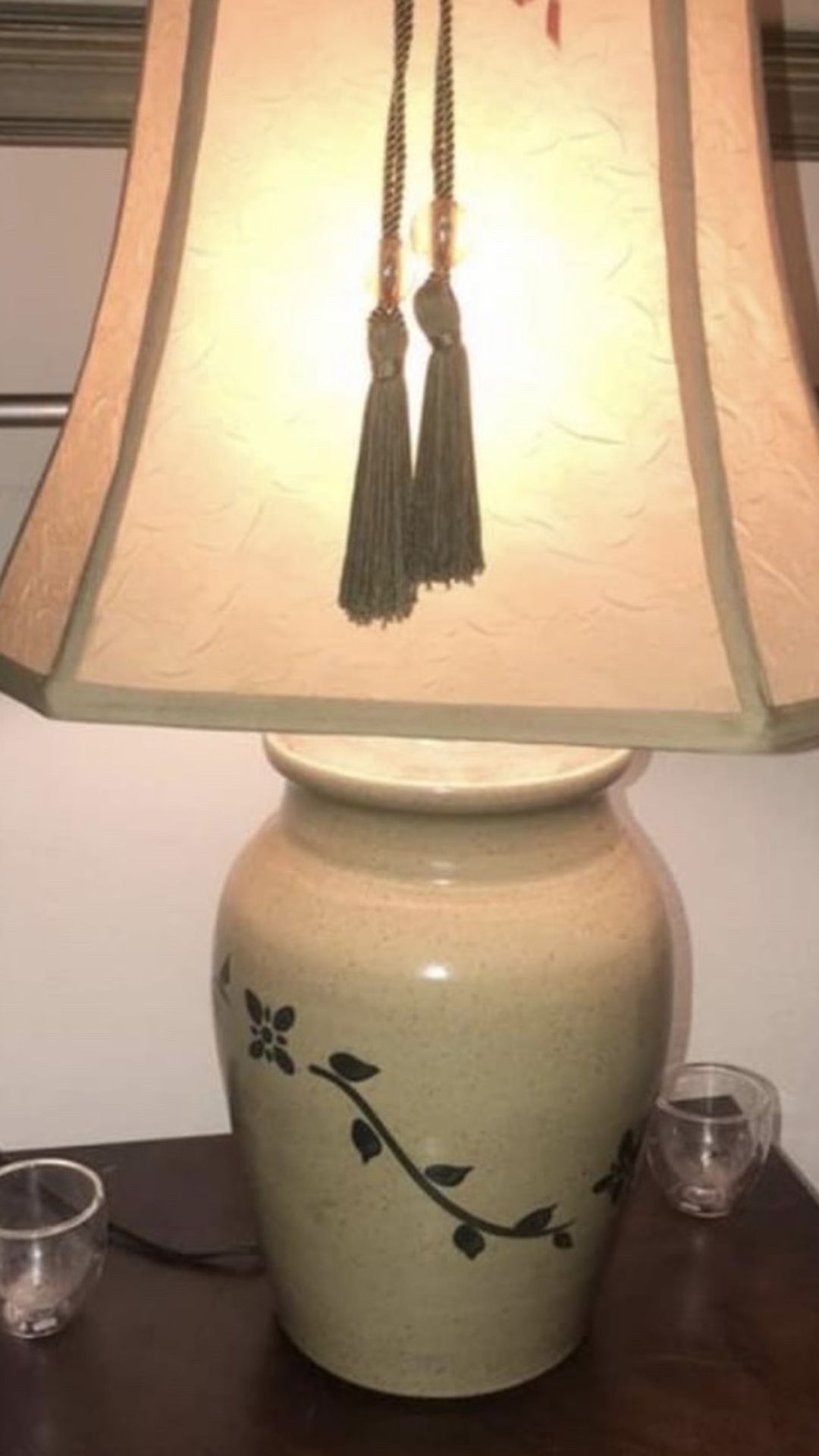 Vintage lamp beige with green flowers