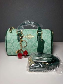 Coach Mint Green Mini Barrel Bag with Cherry Keychain