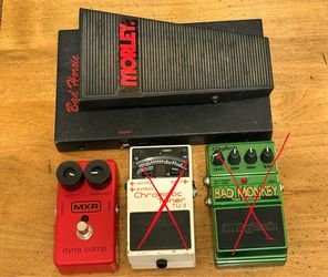 Morley Bad Horsie, MXR Dyna Comp, and DigiTech Bad Monkey Guitar Pedals