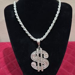 Sterling Silver Rope Chain With Diamond Cut $ Dollar Pendant 