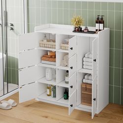43.6'' Bathroom Floor Cabinet, Freestanding Storage Closet, with 4 Layers 10 Storage Cabinet, White/Black