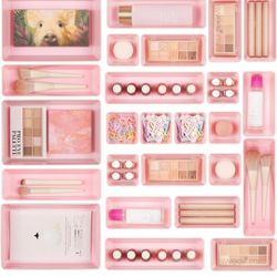 25 PCS Plastic Drawer Organizers, 4-Size Versatile Bathroom & Vanity Trays, Pink