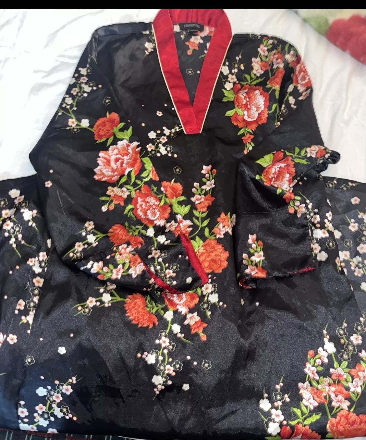 Jones New York Kaftan Lounge Wear Nightgown Kimono Style Black/Red Floral M EUC