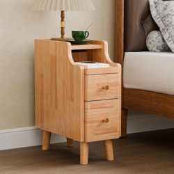 Narrow Nightstand with Drawers, Pre-Assembled Solid Wood Small Skinny Night Stand with Open Sliding Shelf, Mid Century Modern Slim Bedside Table for B