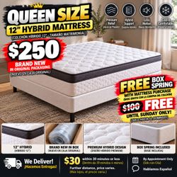 QUEEN 12” HYBRID MATTRESS $250 + FREE BOX SPRING 🔥 WEEKEND SPECIAL