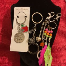 4 Silver Keychain/belt Clip Jewelry With Dangling Chain,crystals ,rhinestones ,heart,apple,and Feathers 