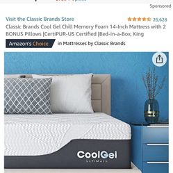 New, Classic Brands Cool Gel Chill Memory Foam 14-Inch Mattress with 2 BONUS Pillows |CertiPUR-US Certified |Bed-in-a-Box, King