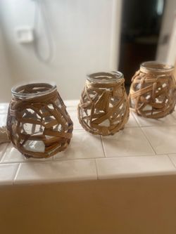 Set of 3 Glass Bamboo Wrap Vases/Candle Holders  - NICE  !!!