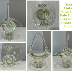 Small Vintage Hand Blown Pale Yellow-Green Glass Basket with Handle
