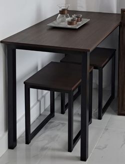 3-Piece Dining Table Set Modern Bar Table Set with a Table and 2 Stool Pub Dining Height Table Set with a Wood Grain Tabletop and Black Metal Frame fo