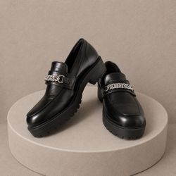 YETIER Black Platform Chain Lug Sole Loafers Slip On Round Toe Preppy Retro 9