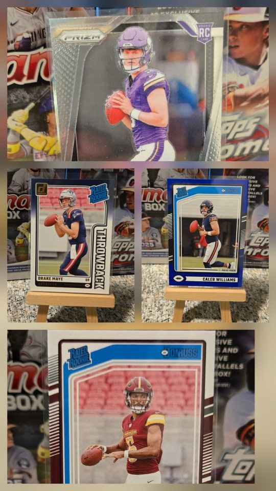 (Qty 4) Lot. -2024 Panini Prizm+Donruss Jayden Daniels Rc, JJ McCarthy Rc,+Caleb Williams Rc, Drake Maye Rc