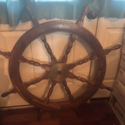 Antique Solid Wood/ Brass Ship Wheel Heavy