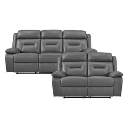 Brand New Gray Top Grain Leather Manual Reclining Sofa + Loveseat 2PCs Set