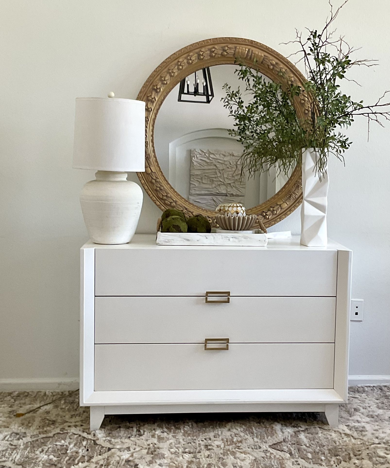White Wood Dresser & Large Round Mirror