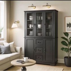 71" H x 47" W Kitchen Pantry with 3 Drawers, Large Storage Cabinet with 3 Glass Doors & Adjustable Shelves, Freestanding Tall Display China Cabinet fo