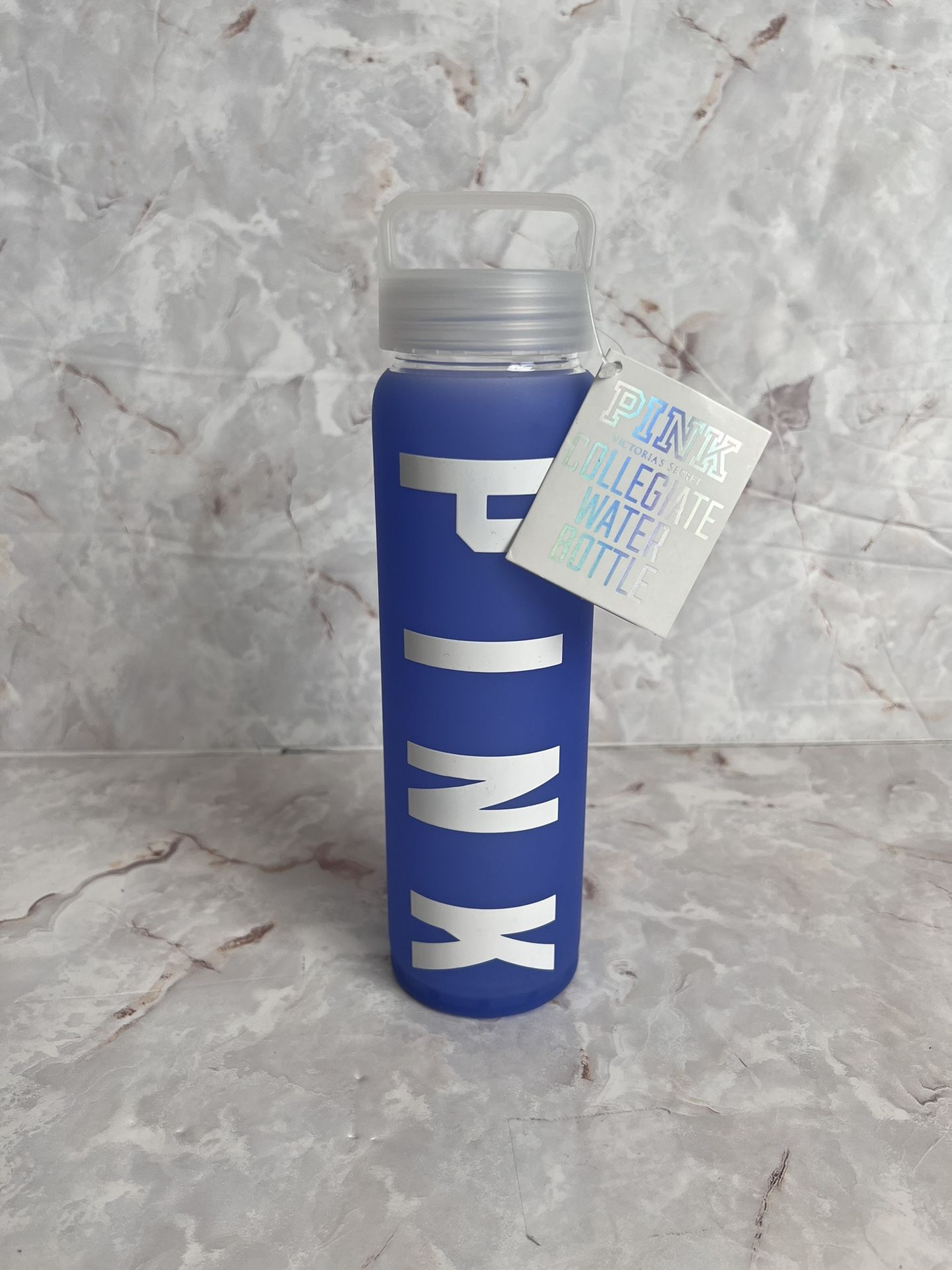 VS Pink Glass Collegiate Water Bottle Silicon Blue Twist Cap 20 Oz.