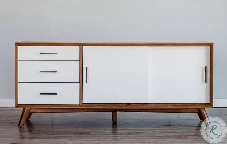 Mid-Century Modern Flynn Large TV Stand – Acorn Wood & White Lacquer Media Console with Ample Storage