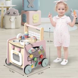 Wooden Baby Walker 9-in-1 Activity Center with Toddlers Montessori Sensory Toys and Play Kitchen Push Walker for Kids with Wheels and Storage Space