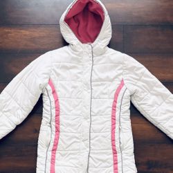 Little Girls Clothes Pumpkin Patch White & Pink Winter Puffer Jacket Fleece Lining Hoodie No Zipper Great For Rain, Snow, And Cold Weather Size 10/12