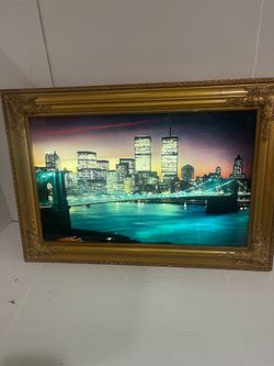 Lighted New York City Skyline TWIN TOWER'S Framed Picture Print W/Water Sounds