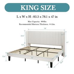 Upholstered Bed Frame with Wingback Headboard, Vertical Tufted, Velvet Finish, King, White