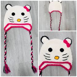Homemade Pink And White Hello Kitty Girls Beanie Hat 
