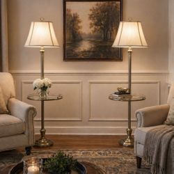 Pair VTG Brass Floor Lamp Round Glass Tray Table w/ Gallery Hollywood Regency