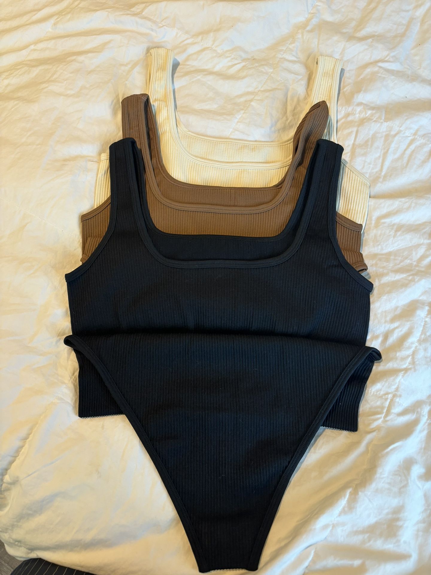 Women's 3 Piece Bodysuits Ribbed Square Neck Sleeveless Tank Tops Bodysuits