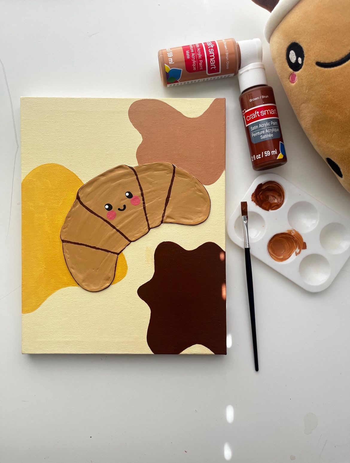 Kawaii Croissant Canvas Art: 3D Embossed Acrylic Painting, 8x10