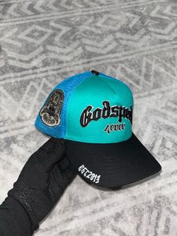 Godspeed trucker cap with blue mesh back and teal front panel