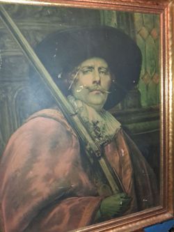 Vintage print. "Cavalier Holding a Musket" by Alex de Andreis. Print. Beautiful frame 38" x 33"