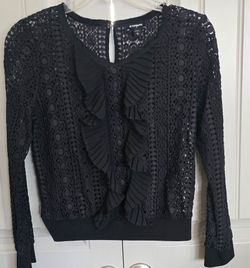SUPER CUTE ~Express~ Black Embroidered Knit Ruffle Front Long Sleeve Top XS