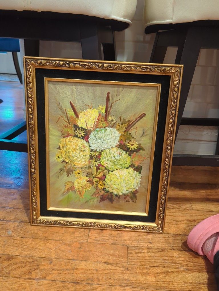 Floral Still Life Painting In An Ornate Gold Frame With A Velvet Mat