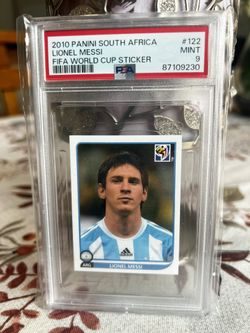 2010 PANINI SOUTH AFRICA FIFA WORLD CUP STICKER #122 LIONEL MESSI PSA 9