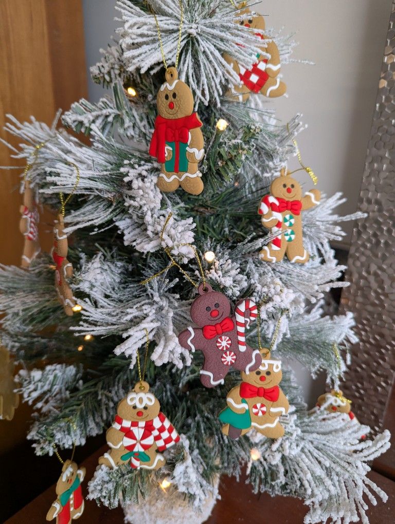 Tiny Flocked Battery Lighted Christmas Tree 26" Height With 11 Gingerbread Looking Ornaments