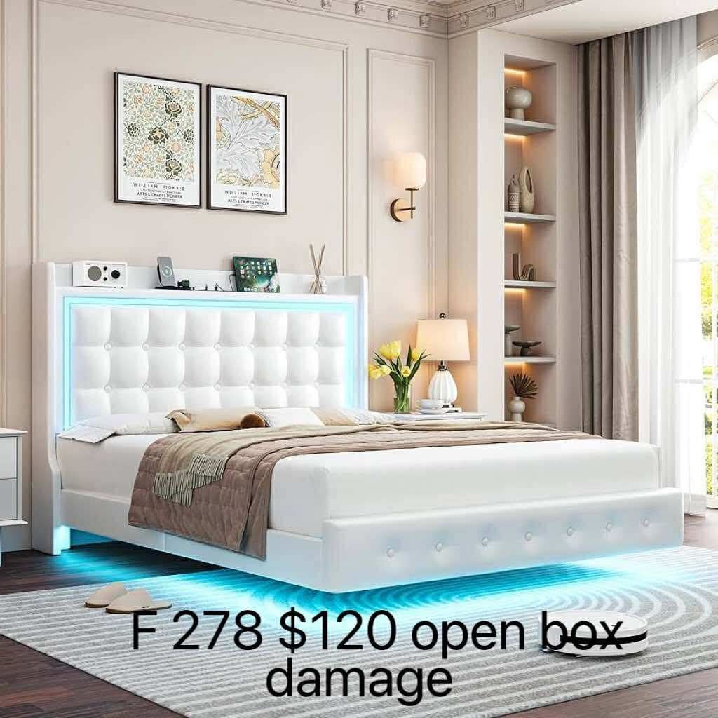 Full Floating Bed Frame with LED Lights and Charging Station, Pu Leather Platform Bed open box (damaged)(278)