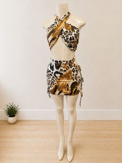 Leopard Print Two-Piece Crop Top and Mini Skirt Set