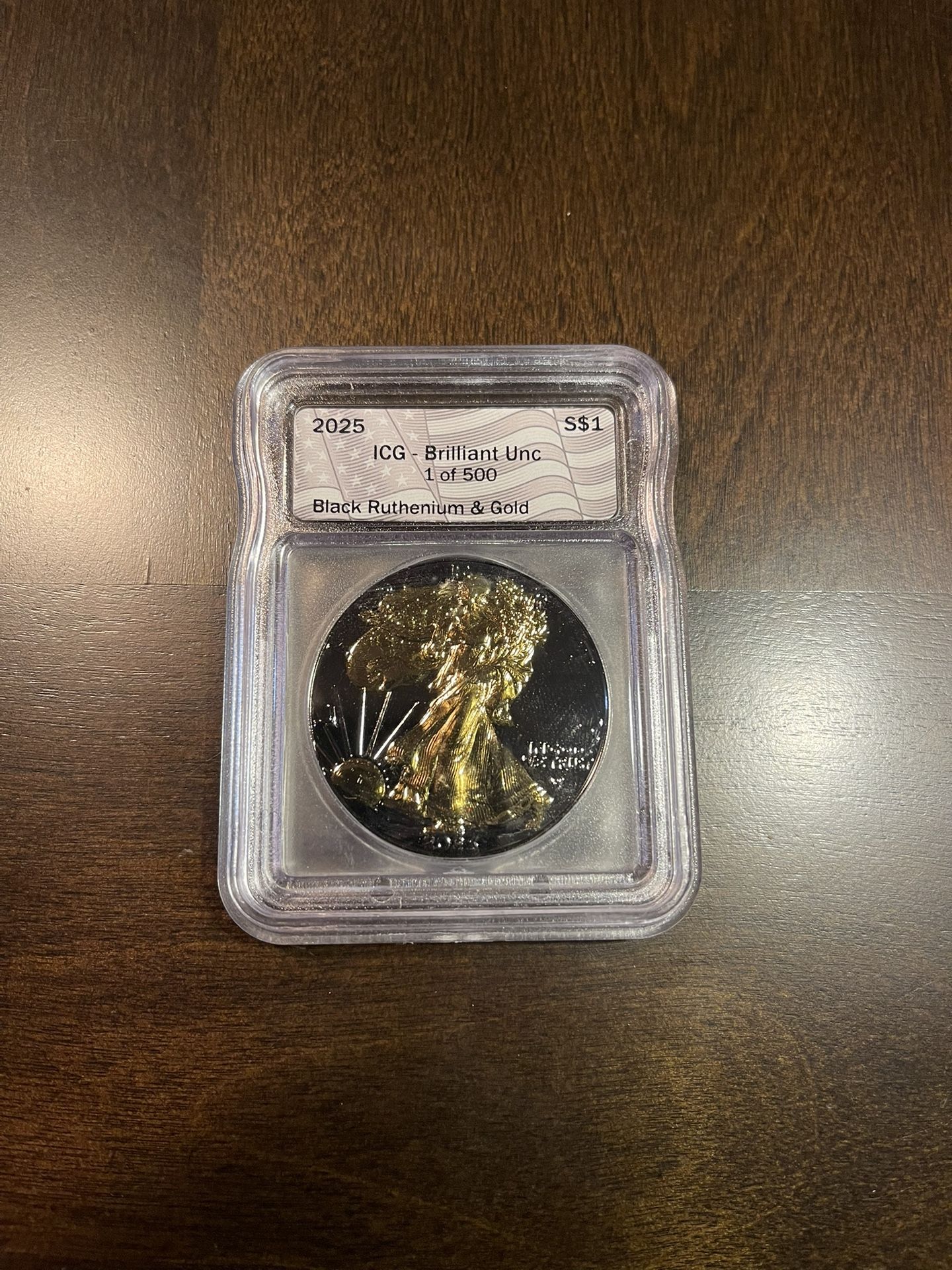 2025 S$1 ICG Brilliant Unc 1 Of 500 Black Ruthenium & Gold 1oz Fine Silver