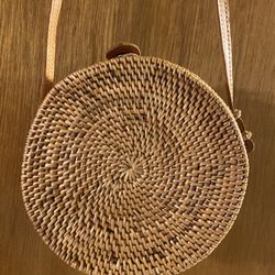Handwoven Round Rattan Boho Bag/Purse.  6” Diameter x 3” Wide, 50” Strap
