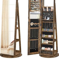 SONGMICS 6 LEDs Lockable Mirror Jewelry Cabinet, 360° Swivel Jewelry Organizer Armoire Standing, Frameless Full-Length Mirror, 3 Storage Shelves, Rust